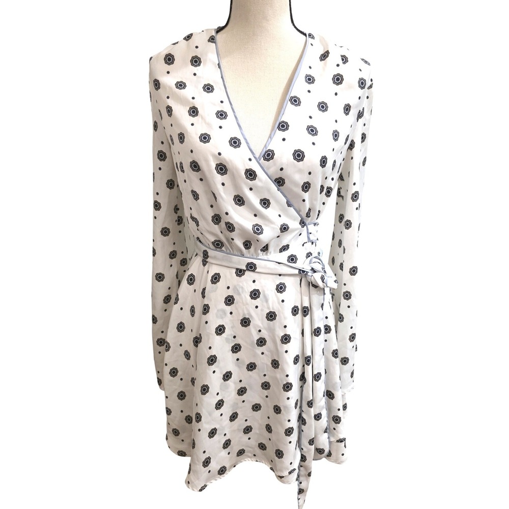 L'Academie Los Angeles White Blue Medallion Wrap Mini Dress Bell Sleeve Small